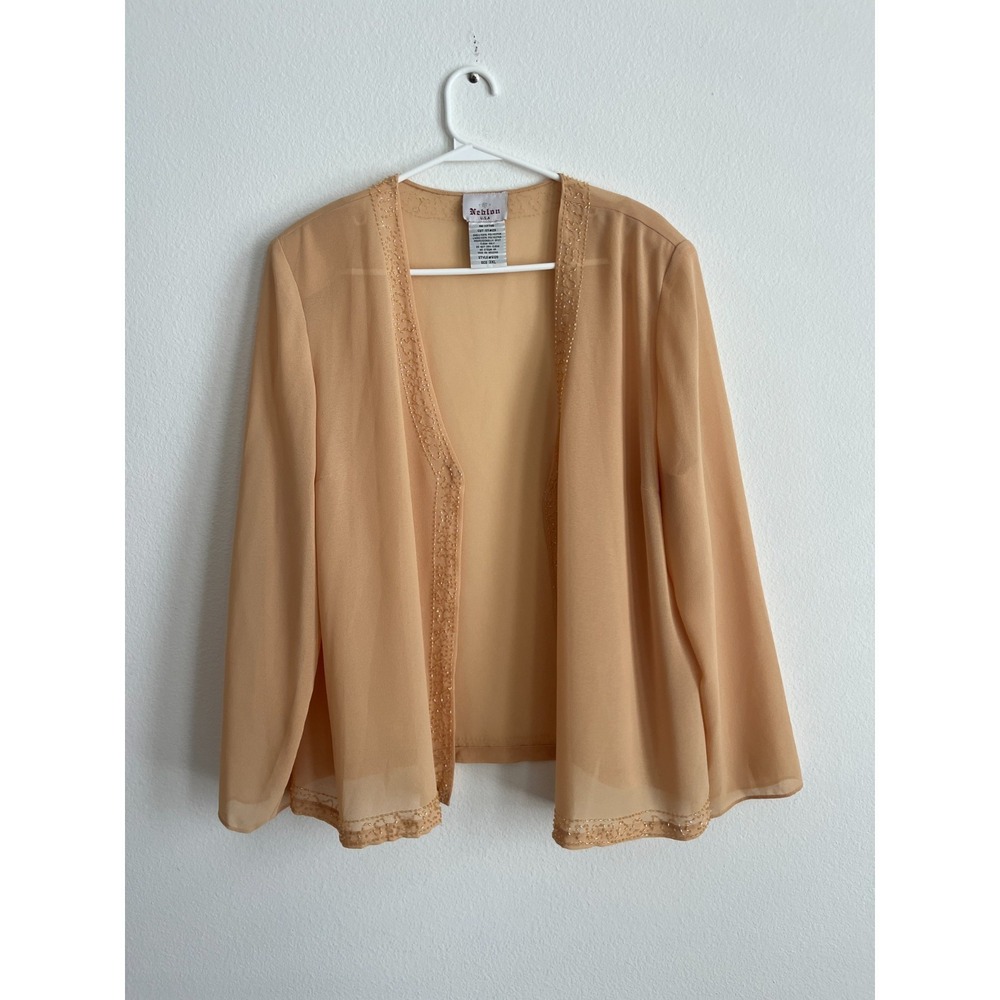 Neblon Cardigan Jacket Womens 3XL Peach Chiffon Beaded Long Sleeve Modern‎